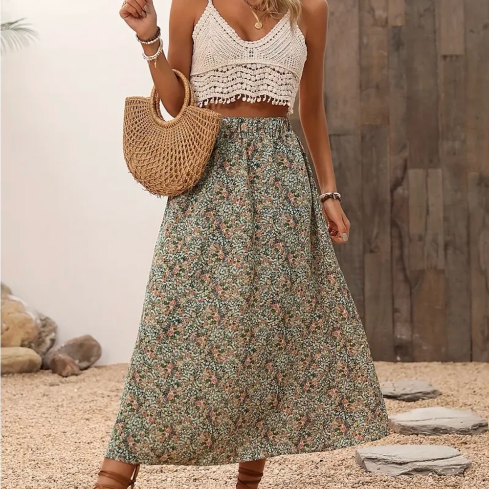 Floral A-Line Skirt - Green